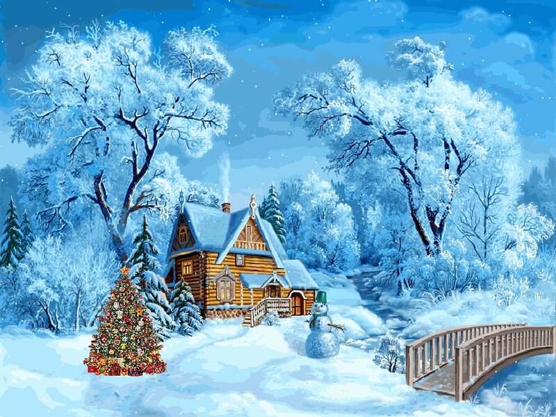 Snow-covered Cabin in Winter — Blue, Peaceful