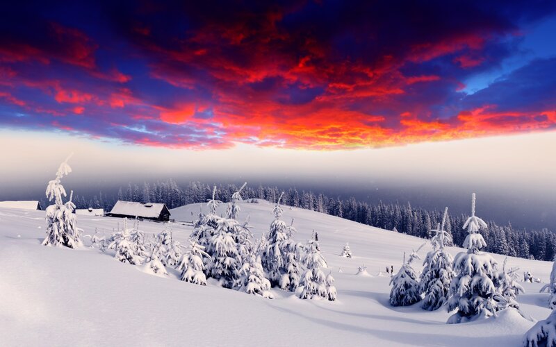 Snow-covered Cabin in Winter — Red, Dramatic, Photograph