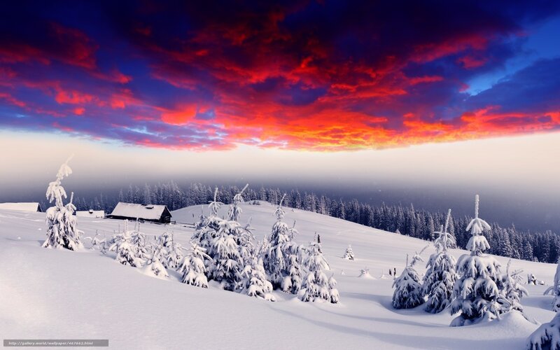 Snow-covered Cabin in Winter — Red, Dramatic