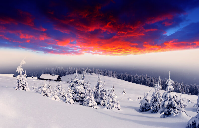 Snow-covered Cabin in Winter — Red