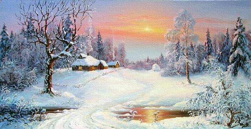 Snow-covered Cabin in Winter — White, Serene, Painting