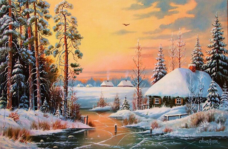 Snow-covered Cabin in Winter — White, Serene, Sunset