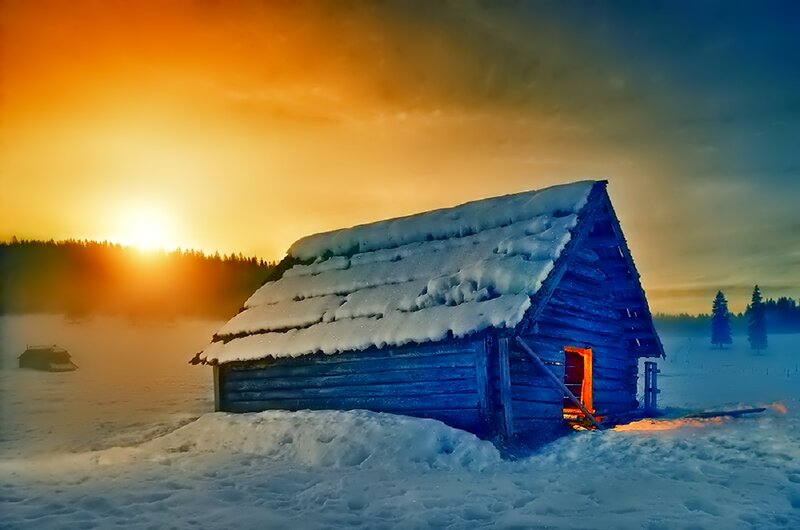 Snow-covered Cabin — Orange, Dramatic