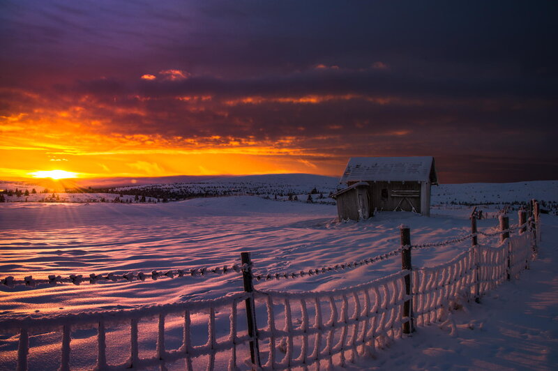 Snow-covered Cabin — Orange, Dramatic, Winter
