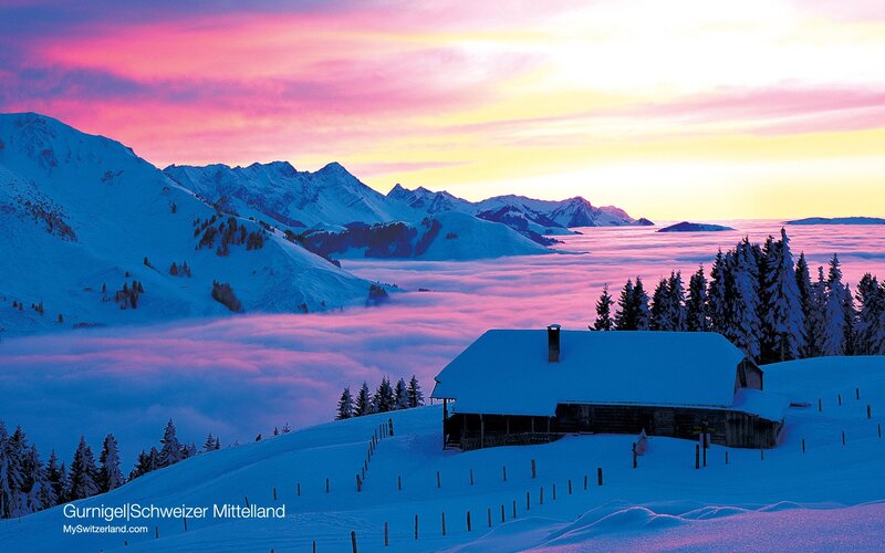 Snow-covered Cabin — Pink, Serene, Sunrise