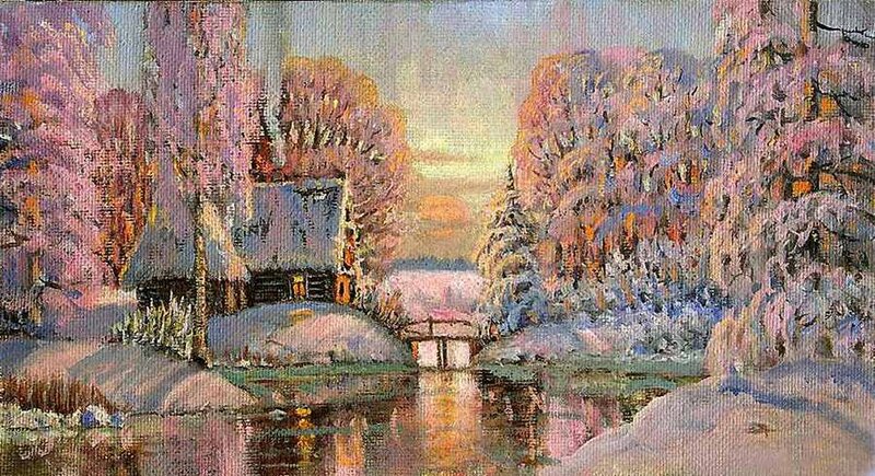 Snow-covered Cabin — Pink, Serene