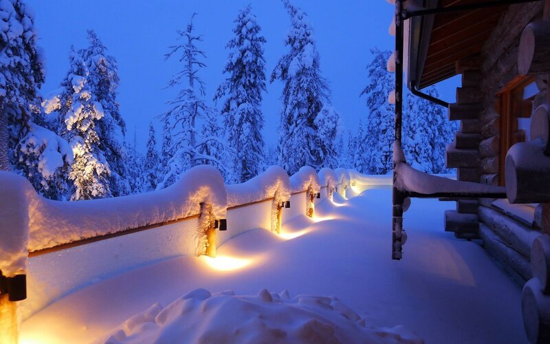 Snow-covered Cabin Porch — Blue, Serene