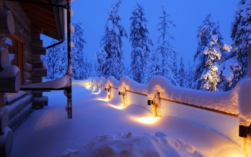 Snow-covered Cabin Porch — Blue
