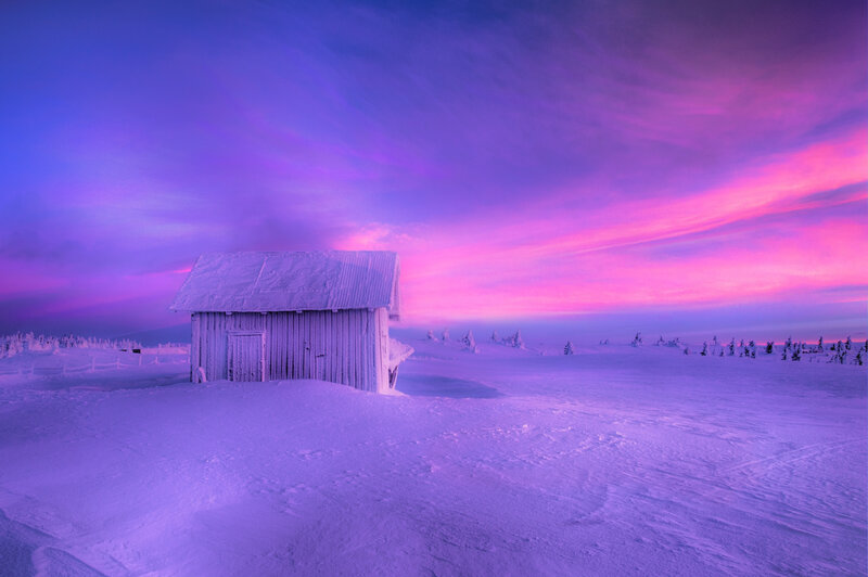 Snow-covered Cabin — Purple, Dramatic