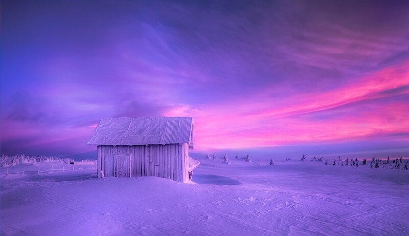 Snow-covered Cabin — Purple, Dramatic, Winter, Photograph, Snow