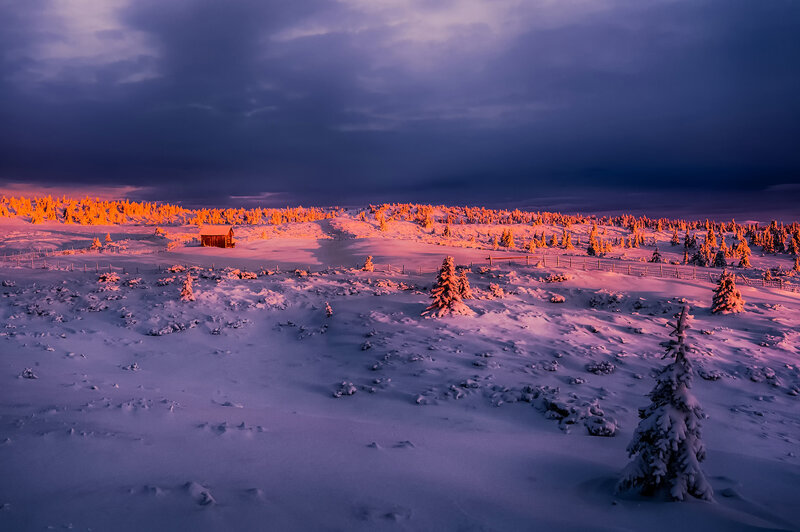 Snow-covered Cabin — Purple, Dramatic, Winter, Photograph