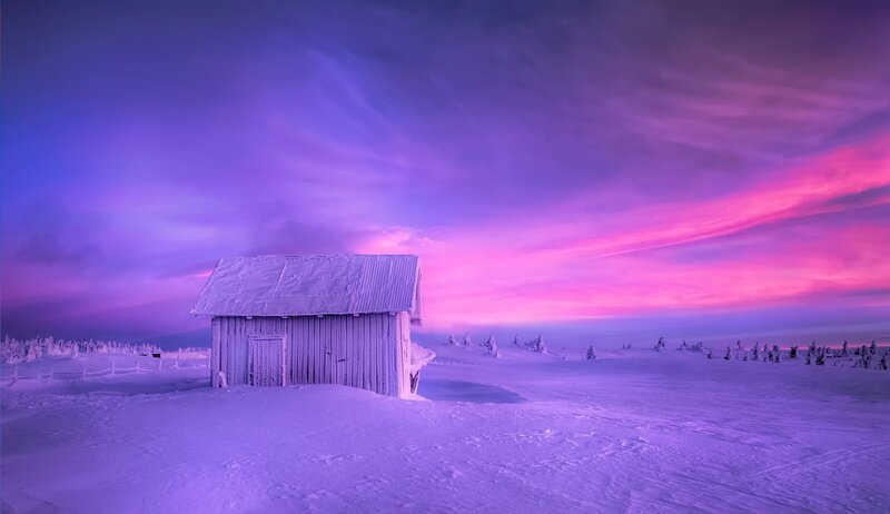 Snow-covered Cabin — Purple, Dramatic, Winter