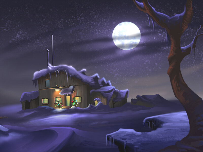 Snow-covered Cabin — Purple, Serene, Night