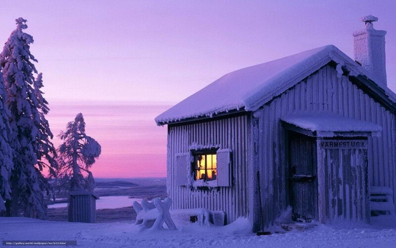 Snow-covered Cabin — Purple, Serene, Sunset