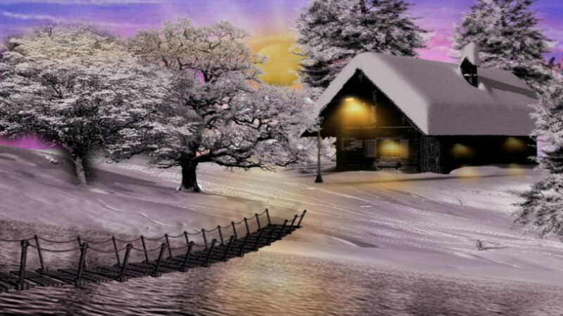 Snow-covered Cabin — Purple, Serene, Winter, Digital Art