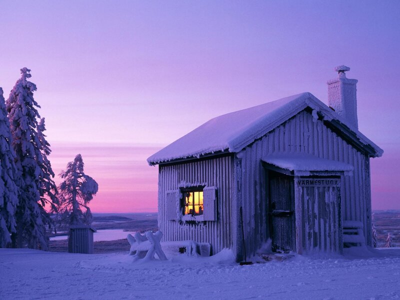 Snow-covered Cabin — Purple, Serene, Winter, Photograph, Trees
