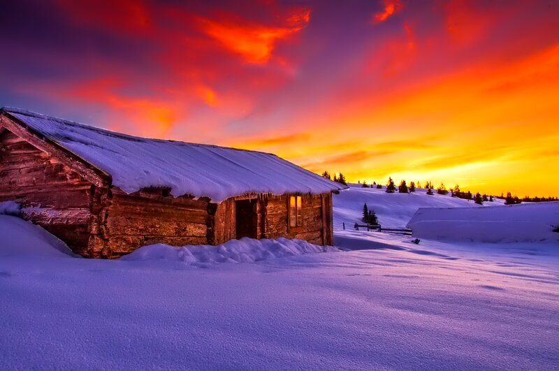 Snow-covered Cabin — Red
