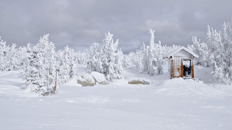 Snow-covered Cabin — White, Cold, Winter, Photograph