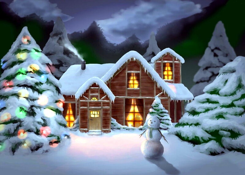 Snow-covered Cabin — White, Cozy, Night, Digital Art