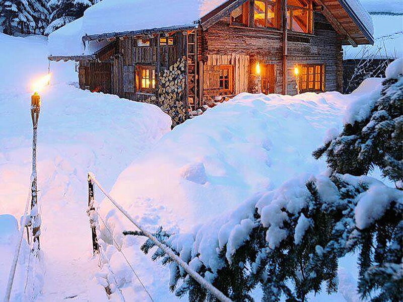 Snow-covered Cabin — White, Cozy, Night, Photograph, Firelight
