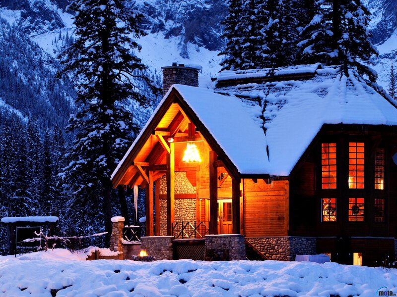 Snow-covered Cabin — White, Cozy, Night, Photograph, Mountains