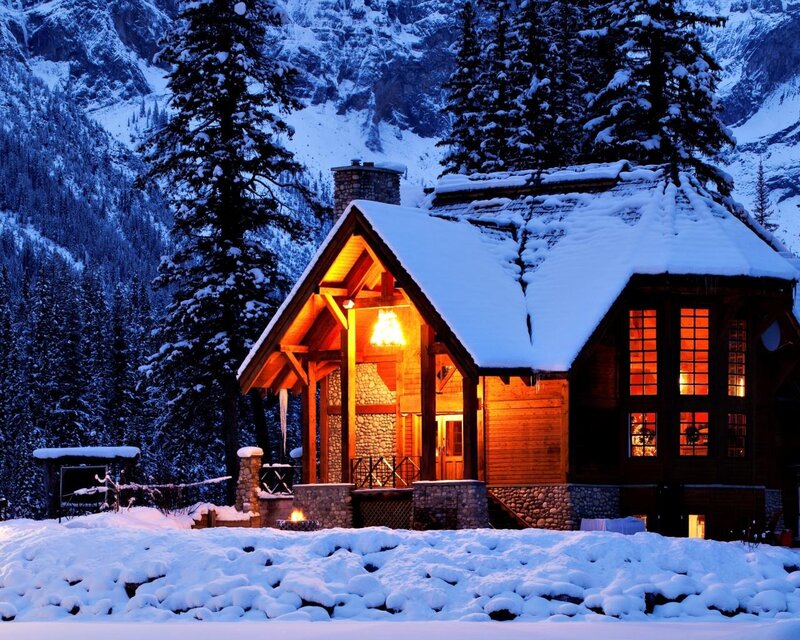 Snow-covered Cabin — White, Cozy, Night, Photograph