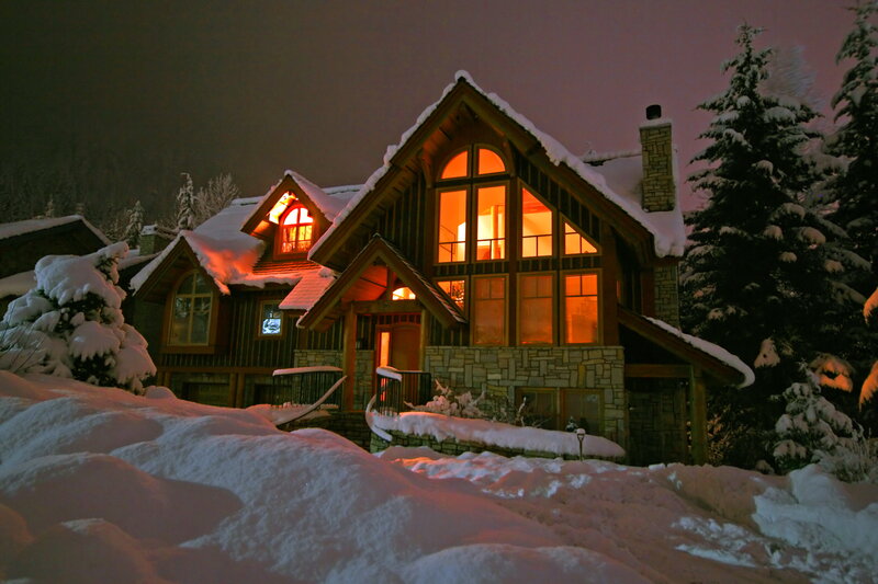 Snow-covered Cabin — White, Cozy, Night, Photograph, Trees
