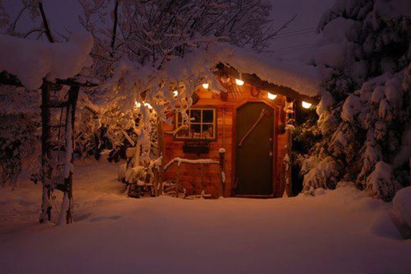 Snow-covered Cabin — White, Cozy, Night