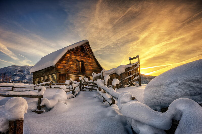 Snow-covered Cabin — White, Dramatic, Winter, Photograph, Fence
