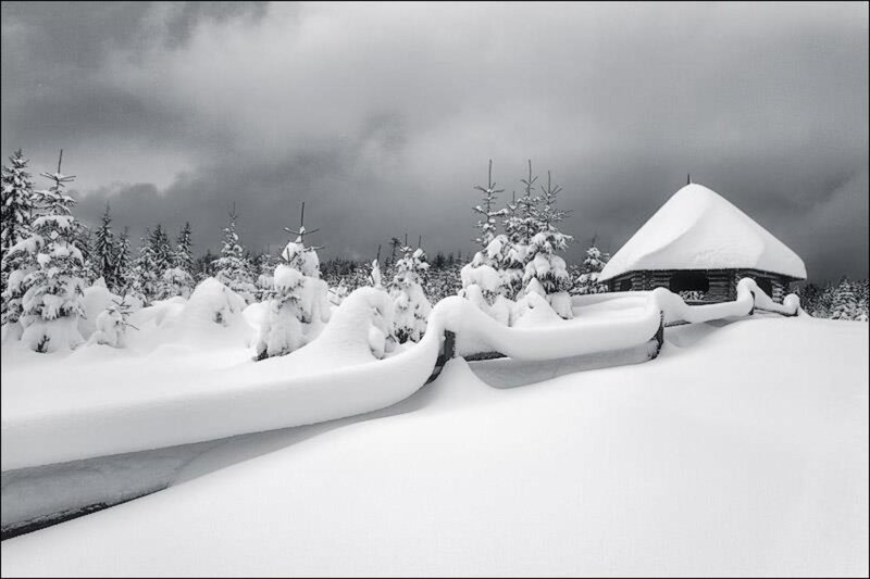 Snow-covered Cabin — White, Dreary