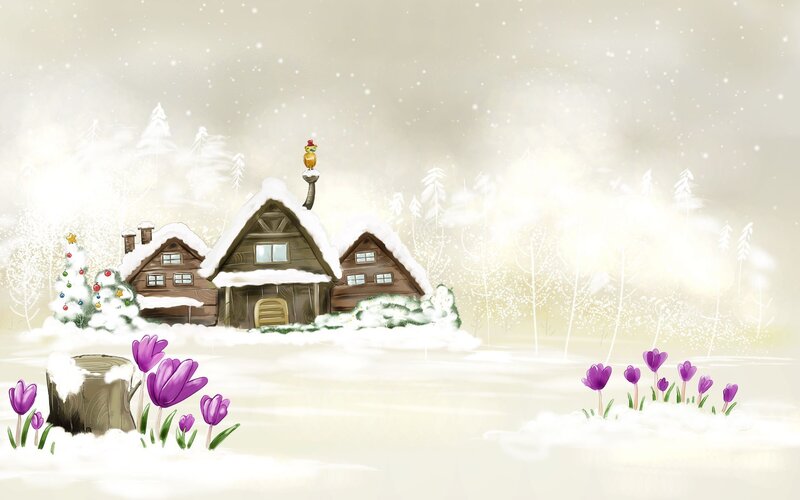 Snow-covered Cabin — White, Peaceful, Winter, Digital Art, Purple Flowers