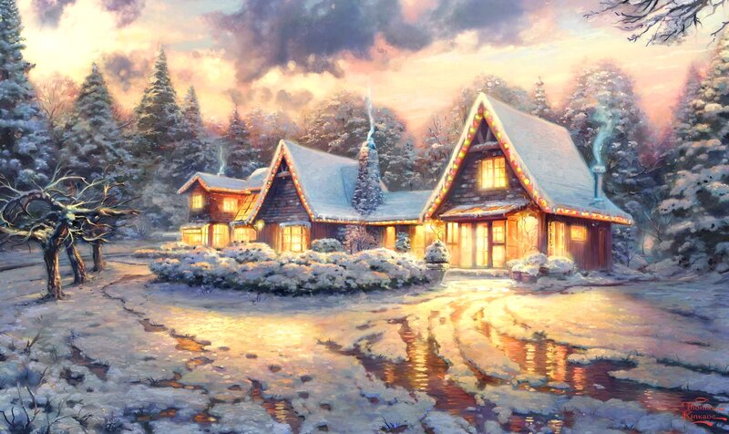 Snow-covered Cabin — White, Peaceful, Winter, Painting