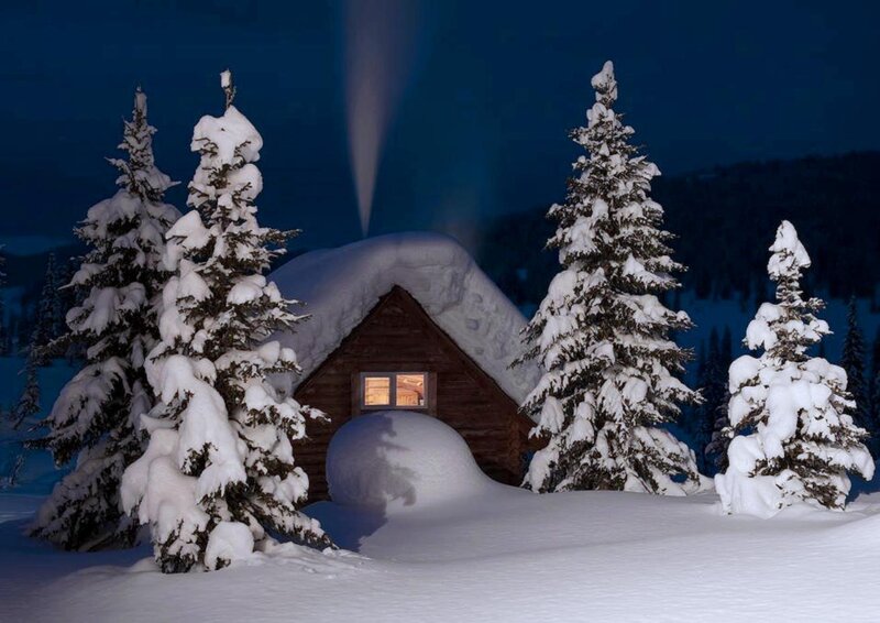 Snow-covered Cabin — White, Serene, Night, Photograph, Trees