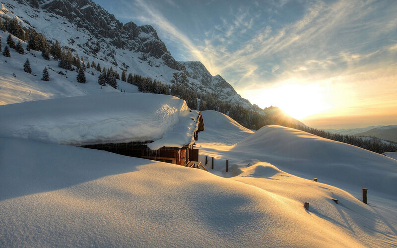 Snow-covered Cabin — White, Serene, Sunset, Photograph, Mountain