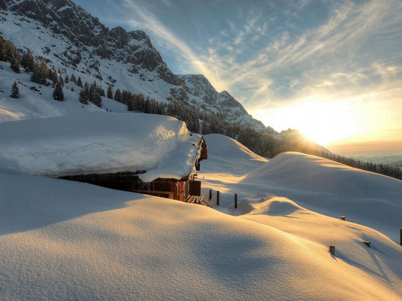 Snow-covered Cabin — White, Serene, Sunset, Photograph, Mountains