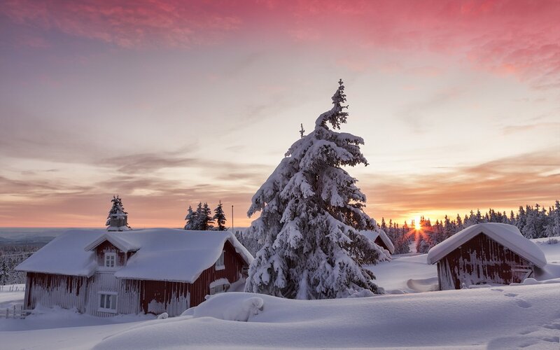 Snow-covered Cabin — White, Serene, Sunset, Photograph