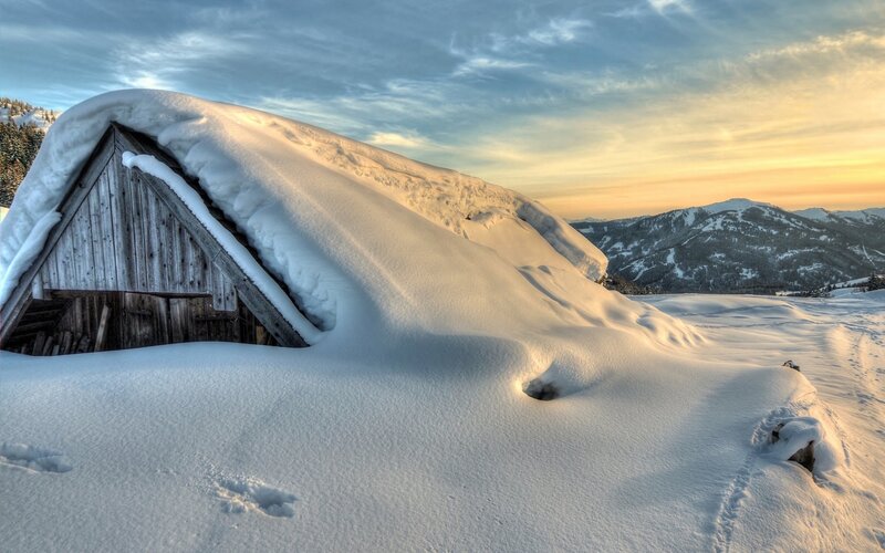 Snow-covered Cabin — White, Serene, Sunset