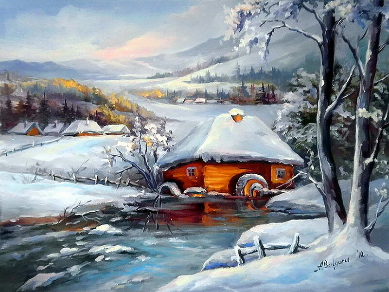 Snow-covered Cabin — White, Serene, Winter, Painting, River