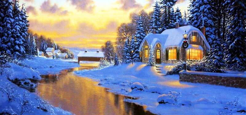 Snow-covered Cabin — White, Serene, Winter, Painting, River, Trees