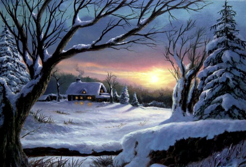 Snow-covered Cabin — White, Serene, Winter, Painting