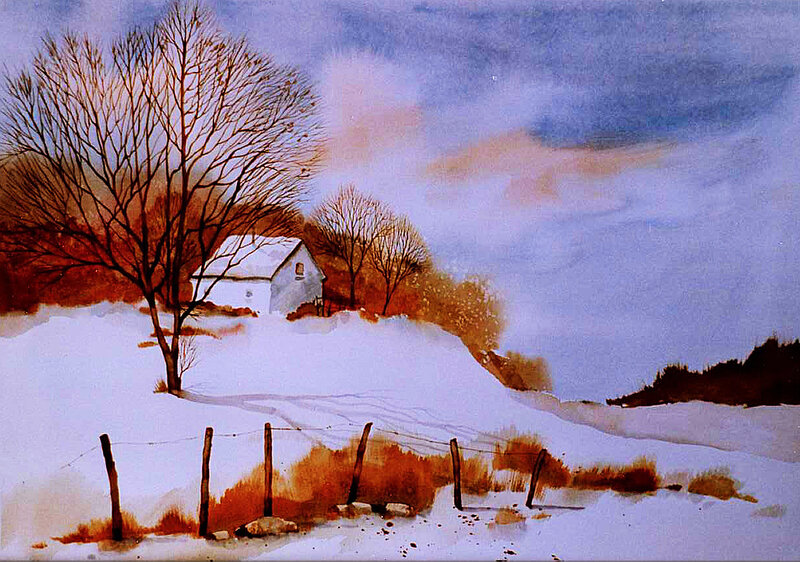 Snow-covered Cabin — White, Serene, Winter, Painting, Tree