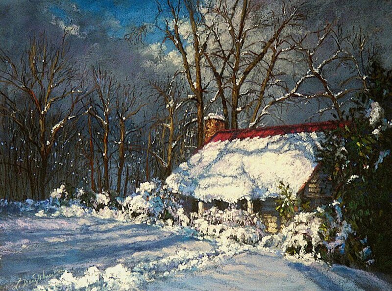 Snow-covered Cabin — White, Serene, Winter, Painting, Trees, Roof