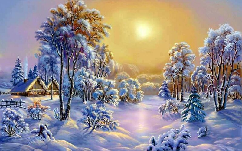 Snow-covered Cabin — White, Serene, Winter, Painting, Trees, Sun, Fence
