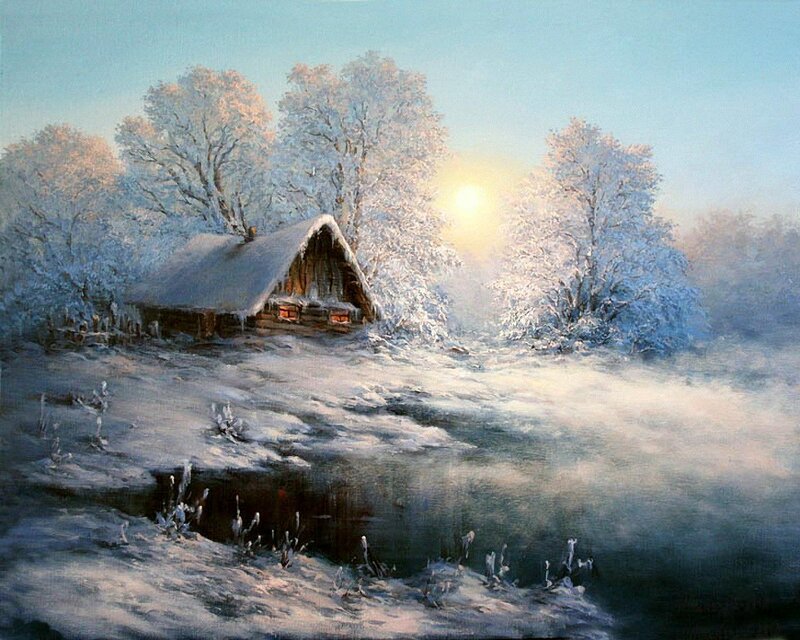 Snow-covered Cabin — White, Serene, Winter, Painting, Trees, Sun
