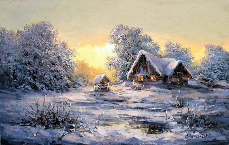 Snow-covered Cabin — White, Serene, Winter, Painting, Trees