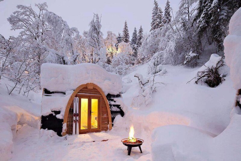 Snow-covered Cabin — White, Serene, Winter, Photograph, Fire Pit
