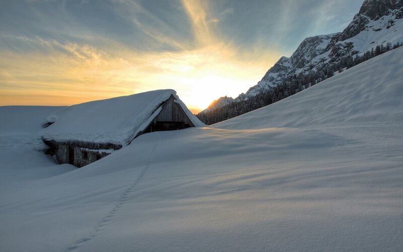 Snow-covered Cabin — White, Serene, Winter, Photograph, Mountain, Sunrise
