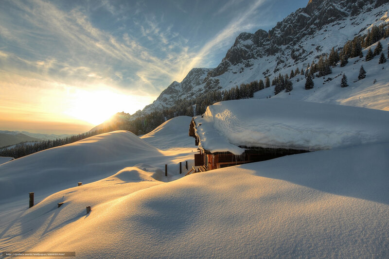 Snow-covered Cabin — White, Serene, Winter, Photograph, Mountain, Sunrise, Trees