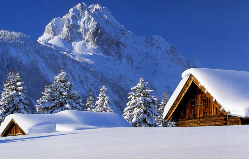 Snow-covered Cabin — White, Serene, Winter, Photograph, Mountain