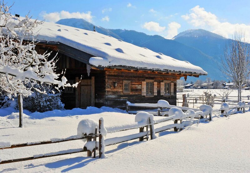 Snow-covered Cabin — White, Serene, Winter, Photograph, Mountains, Fence